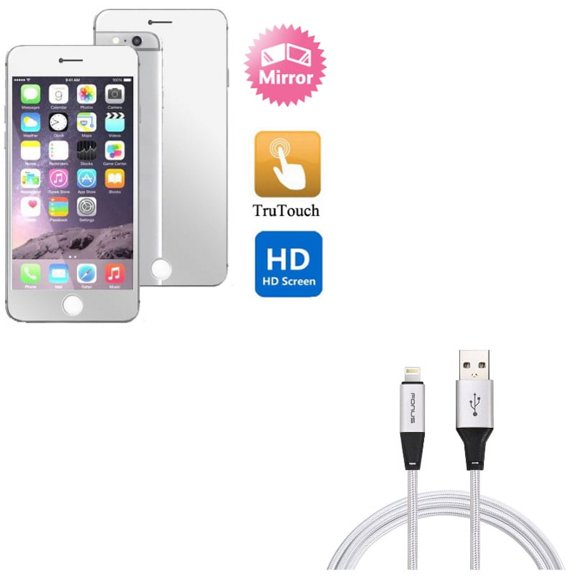 iPhone 8/7/6S/6 - Charger Cord 10ft USB Cable w Mirror Screen Protector - Power Wire Braided Long Sync, Film Display Cover for iPhone 8/7/6S/6