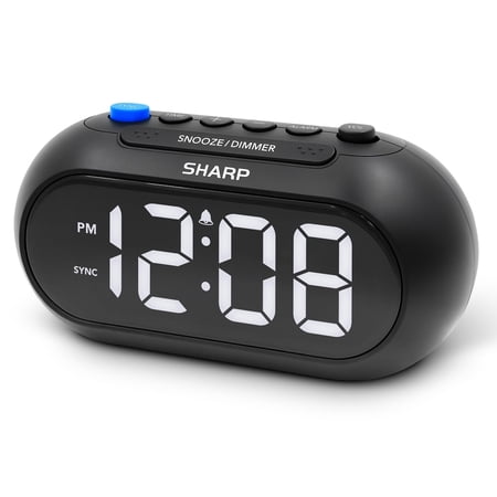 Sharp Auto Set Alarm Clock โ Sets Itself from Your Phone, Bluetooth Time Sync, Large White LED Display, Dimmer, Ascending Alarm, Battery Backup