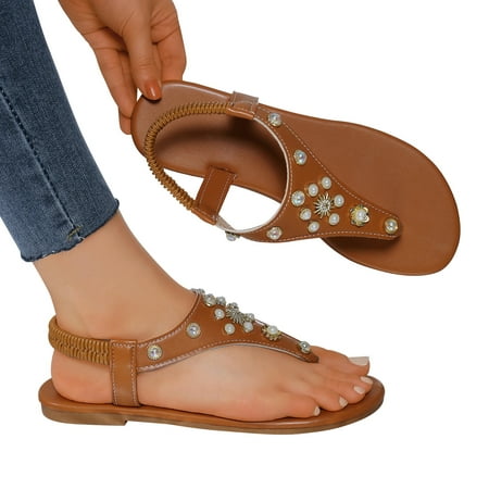 

AXXD Sandals for Women Clearance Under $10 Summer Glamorous Outdoors T-strap Flat Sandals For Rhinestone Decor Plain PVC Toe Post Thong Sandals