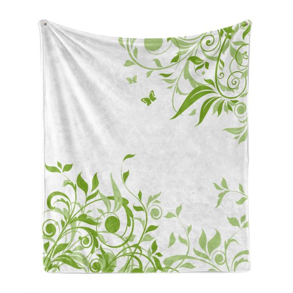 Green Soft Flannel Fleece Throw Blanket, Spring Time Theme with Victorian Design Branches Butterfly, Cozy Plush for Indoor and Outdoor Use, 70" x 90", Lime Green Pale Green, by Ambesonne