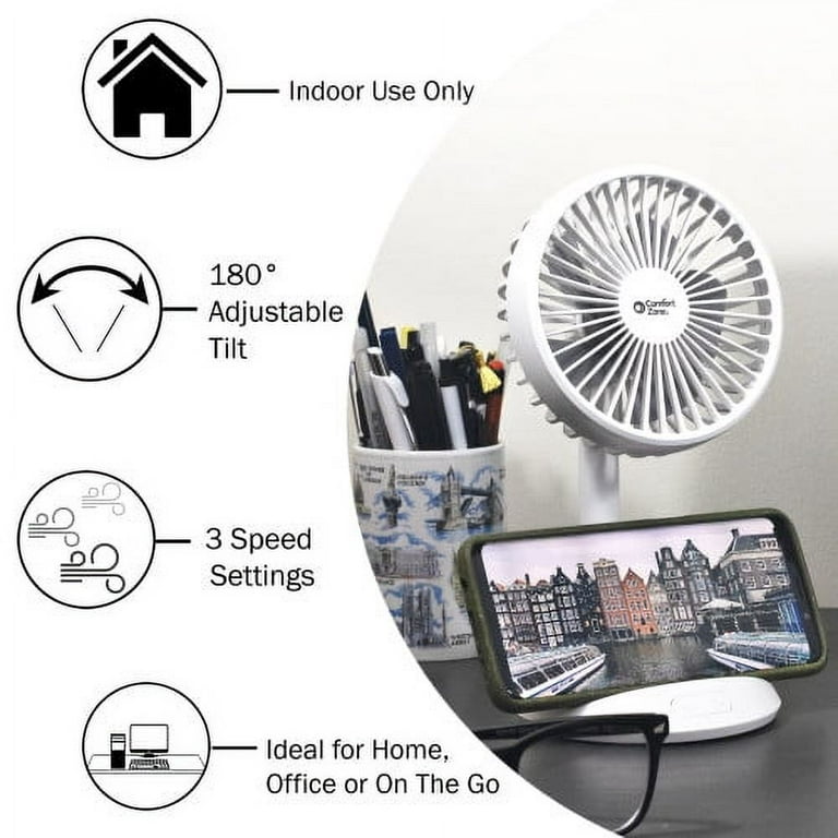 Comfort Zone 4” Rechargeable Fan with Wireless Charger - USB Chargeable  Lithium Battery, Adjustable Tilt - Powerful & Portable, Cooling & Charging,  White 