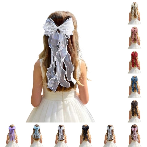 Bmisegm Bow Hair Clip Mesh Pearl Bow Long Flowing Ribbon Hair Clip Braid Wedding Headwear for Girls White_002