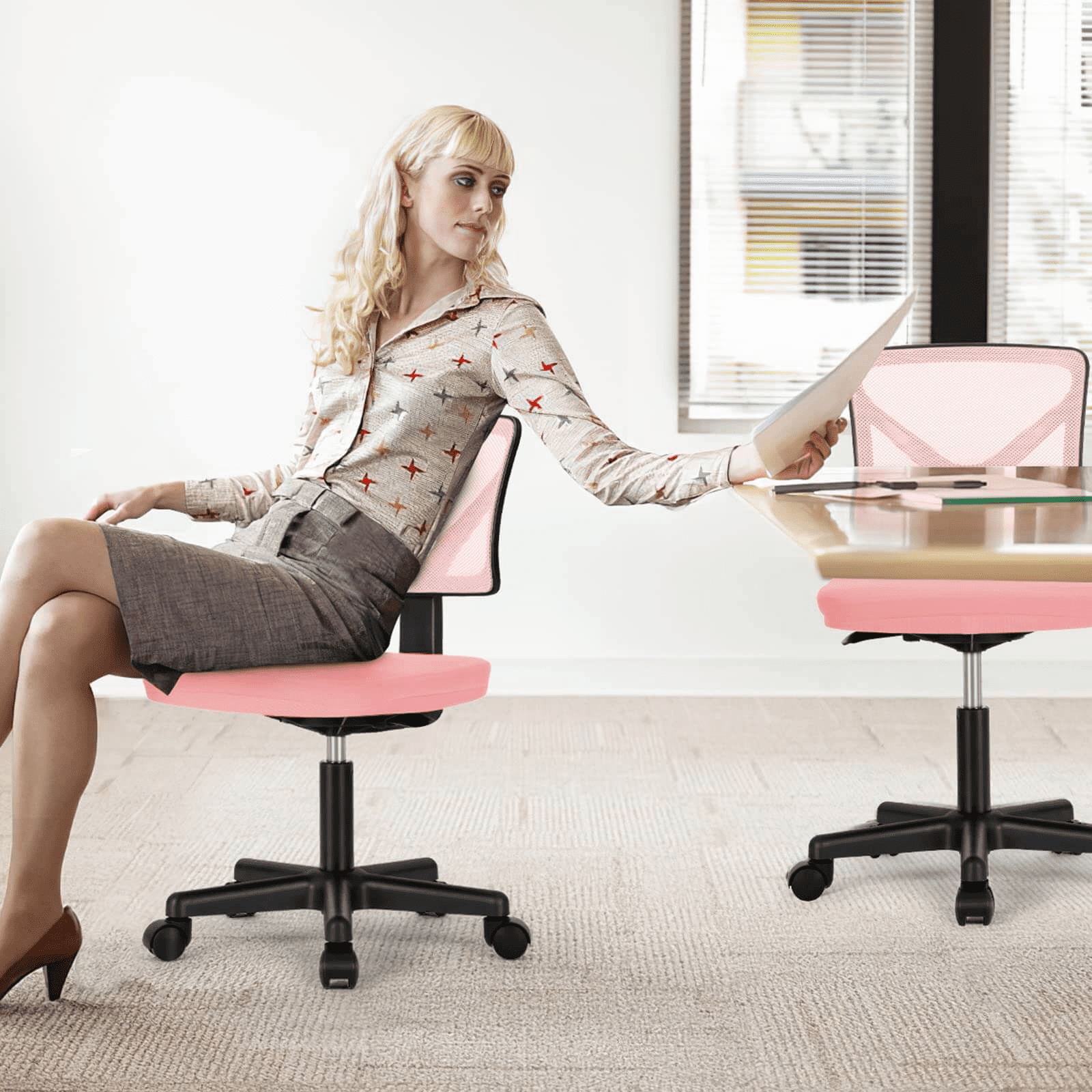 MAYEERTY Home Office Desk Chair, Armless Mesh Computer Chair Small Space Swivel Adjustable Low Back Task Chair for Teens/Adults, Pink