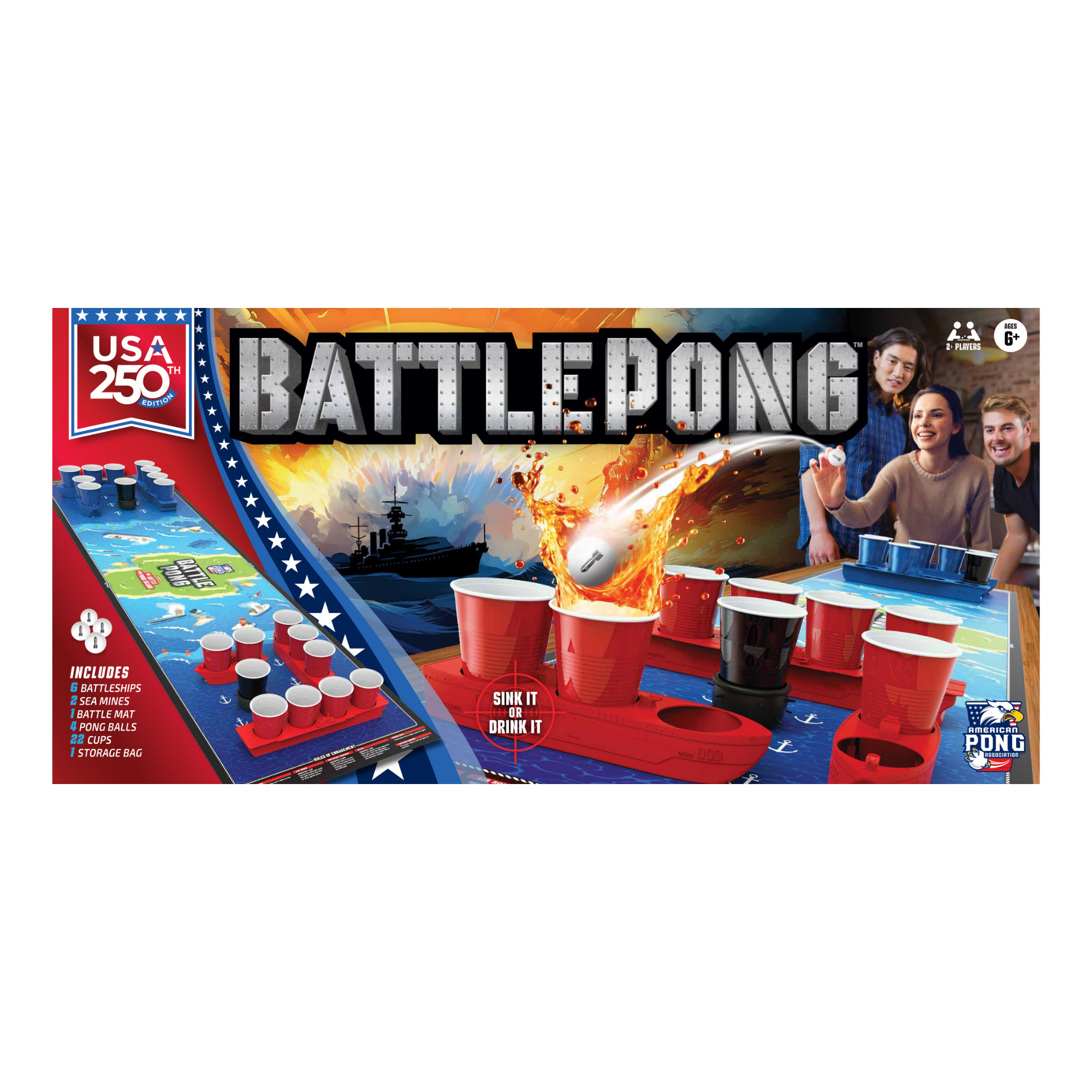 BattlePong USA Edition, Tabletop Pong Party Game, Including Game Mat, Cups, Balls and Ship Pieces, for All Ages, by MinnARK