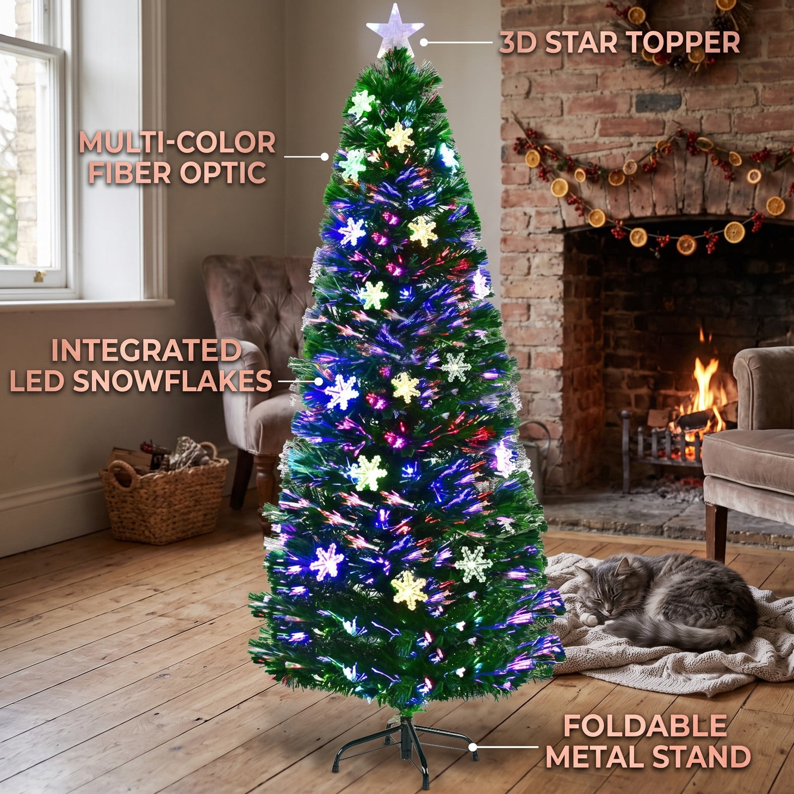 RUIE Pre-Lit Artificial Christmas Tree, 5 FT LED Optic Xmas Tree with 21 Color-Changing Lights and 170 PVC Tips, Metal Stand for Indoor Holiday Home Office, Green