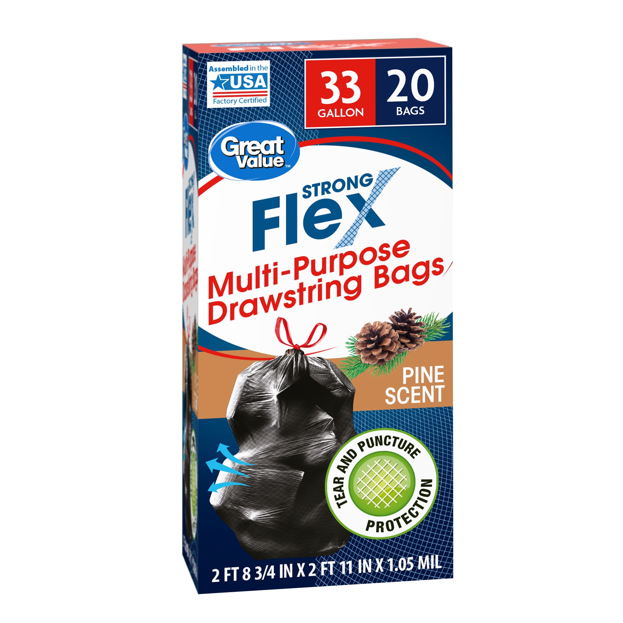 Great Value Strong Flex MultiPurpose Trash Bags, 33 Gallon, 20 Bags
