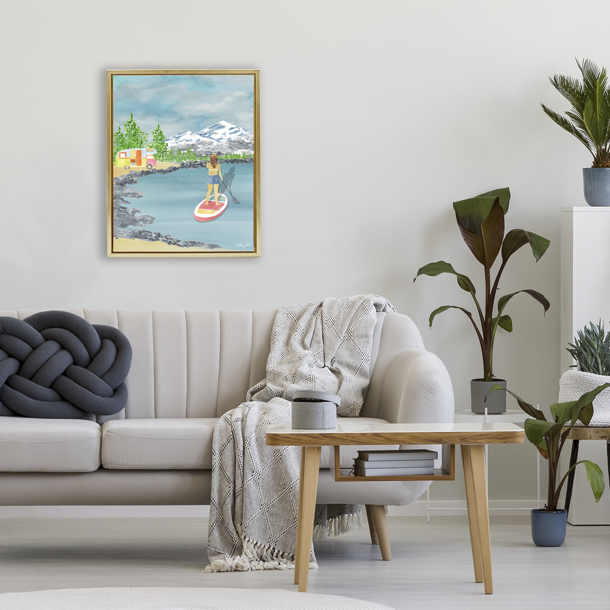 Stupell Industries Lake Tahoe Paddle Boarding Gold Framed Floater Canvas Wall Art, design by Hillary Holt