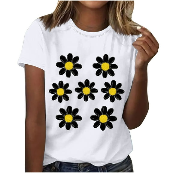 Sokhug Flower Shirt for Women Crewneck Graphic Tee Short Sleeve Floral Tops