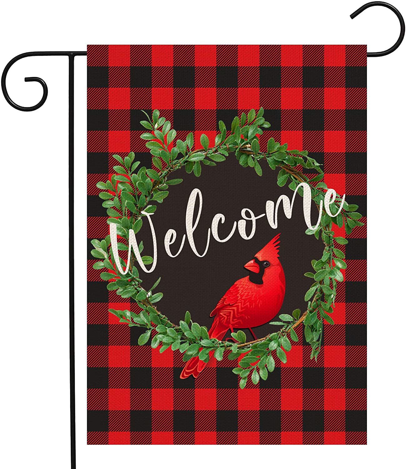 12.5 x 18 Inches Double Sided Mogarden Welcome Spring Garden Flag Buffalo Check Plaid Boxwood Wreath Premium Burlap Yard Flag for All Seasons for Outside 