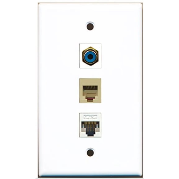 RiteAV - 1 Port RCA Blue and 1 Port Phone RJ11 RJ12 Beige and 1 Port Cat5e Ethernet White Wall Plate