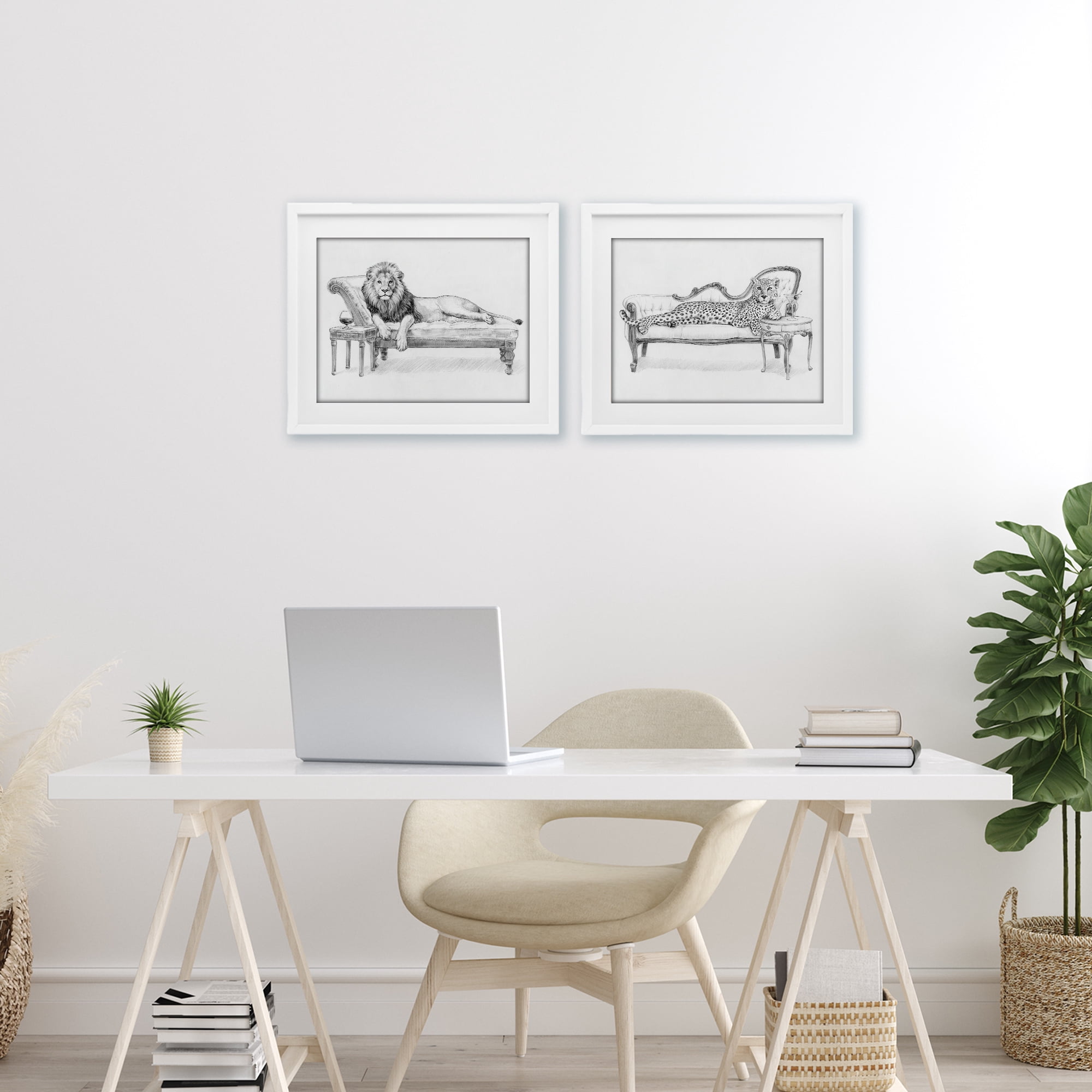 Stupell Industries Lounging Beasts Wildlife 2 Piece White Framed Print Under Glass Set, design by Victoria Barnes