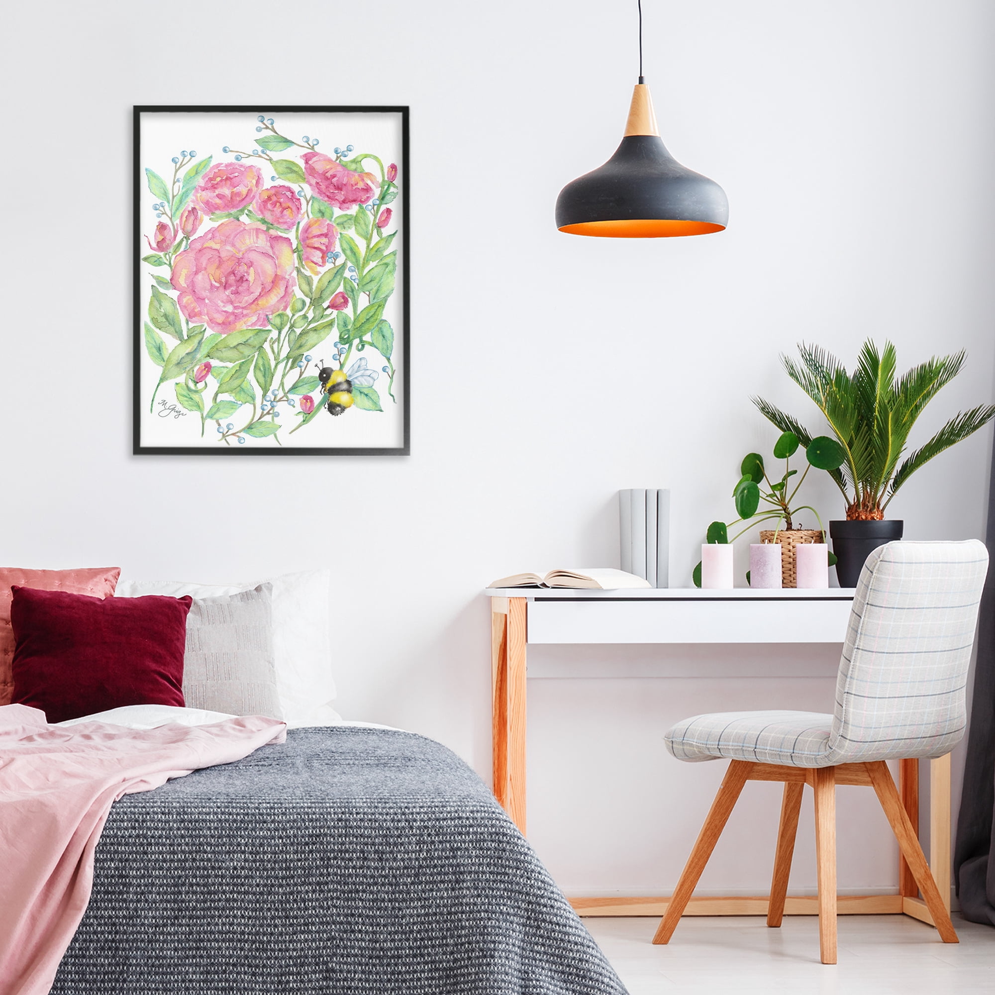 Stupell Industries Peony & Bumble Bee Black Framed Giclee Art, design by Maureen Grigs