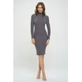 thumbnail image 2 of Gray Dark Large Size Women's Long Sleeve Midi Cocktail Bodycon Dress, Stretchy Ribbed Knit, High Neck, 2 of 6