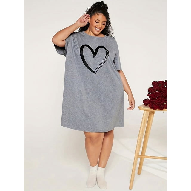 Robe Décontractée Grande Taille pour Femmes Été Confortable Manches Courtes Robe simple Imprimé Amour Mignon Drôle