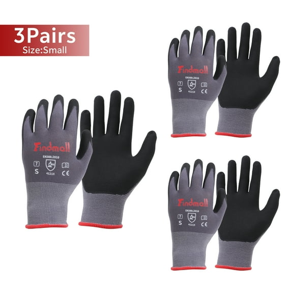 findmall 3 Pairs S-Size Work Gloves MicroFoam Nitrile Coated Knit Nylon Gloves