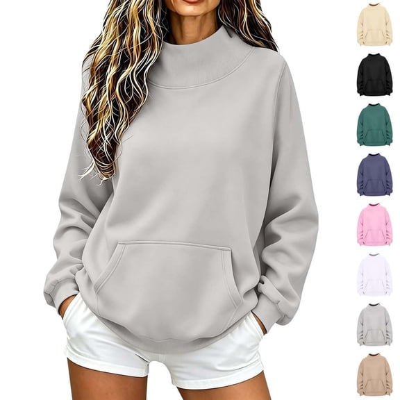 Xaqiouau Mock Neck Sweatshirts for Women Oversized Pullover Long Sleeve Casual Tops Soft Comfy Loose Fit Fleece Hoodie Sweatshirt Fall Winter Clothing