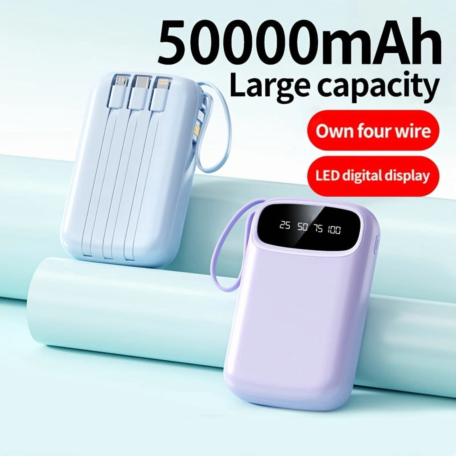 50000mAh Power Bank with 4 Cables, LED Display, Fast Charging for iPhone/Android Phones, Digital Devices, Outdoor Emergency Portable Battery Pack Gift