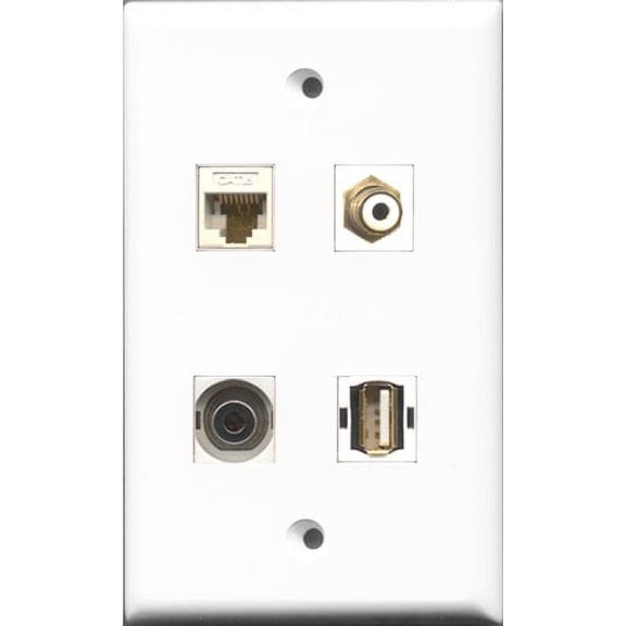 RiteAV 1 Port RCA White and 1 Port USB A-A and 1 Port 3.5mm and 1 Port Cat6 Ethernet White Wall Plate