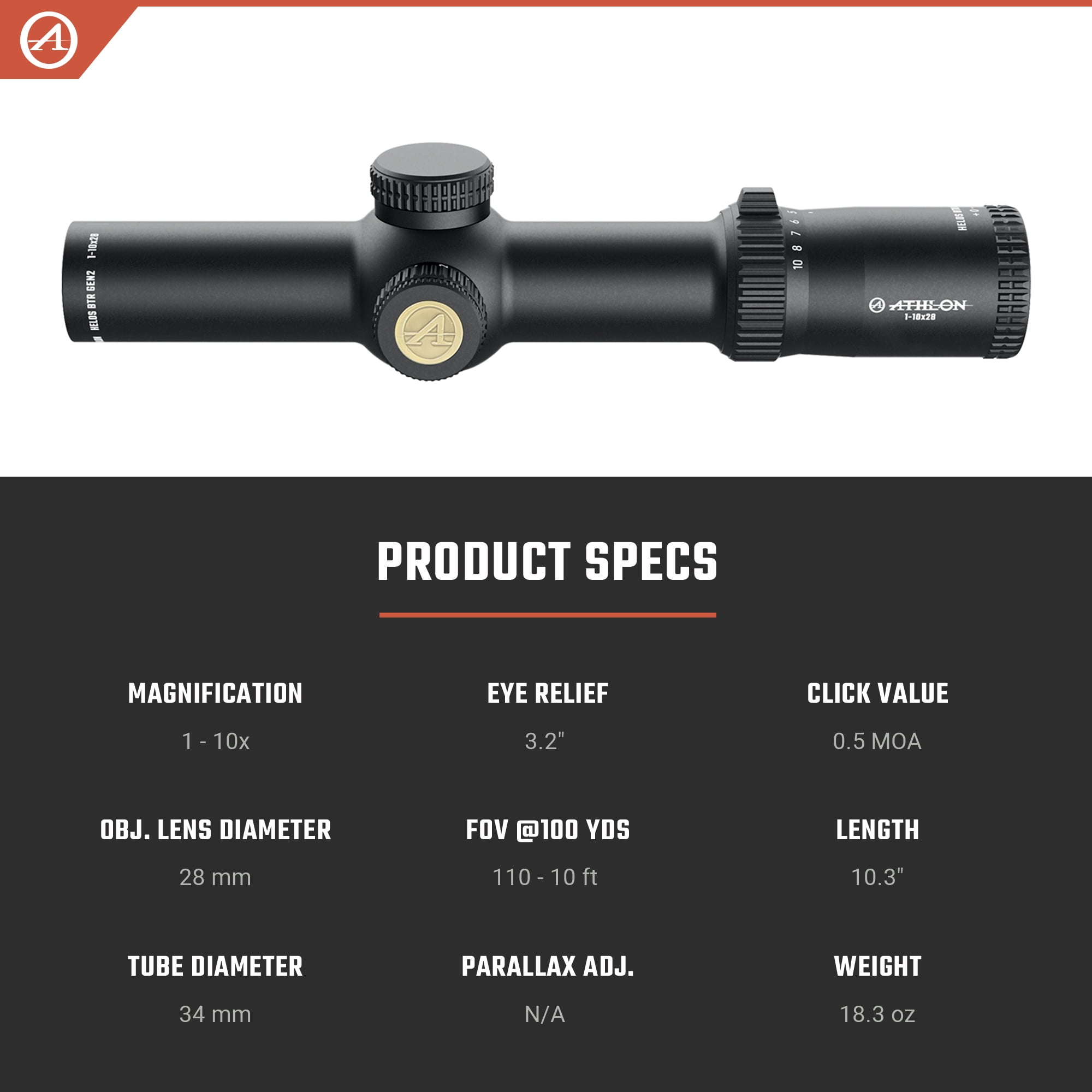 Athlon Optics Helos BTR Gen 2 Rifle Scope 1-10x 28mm Illuminated ATMR4 MOA Reticle Matte Black