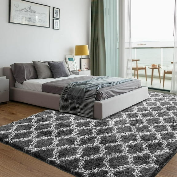 6x9 Area Rugs for Living Room, Fluffy Shag Bedroom Rug, Non-Slip Indoor Carpet for Nursery, Kids Room, Playroom, Home Decor, Geometric, Dark Grey/White