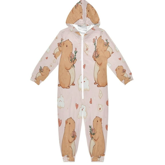 Soft Big Kids Onesie Pajamas Cozy Loose-Fit Jumpsuits for kids with Pockets for Christmas Lounge & Play Adorable Capybaras in Love