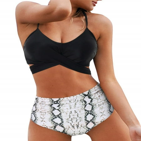 Women s Sexy Bikini Swimsuits  Women s High Waisted Bandage Bikini Set Wrap 2 Piece Push Up Swimsuits  Front Corss and Back Tie Knot (Black White Large)