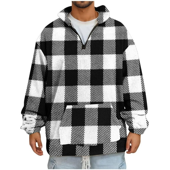 ohmzyzo Mens Sherpa Sweatshirt Buffalo Quarter Zip Long Sleeve Plaid Pullover Tops Winter Warm Fleece Sweatshirts with Pocket XXL