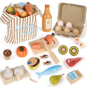 Lehoo Castle Wooden Play Food Sets with Shopping Bag