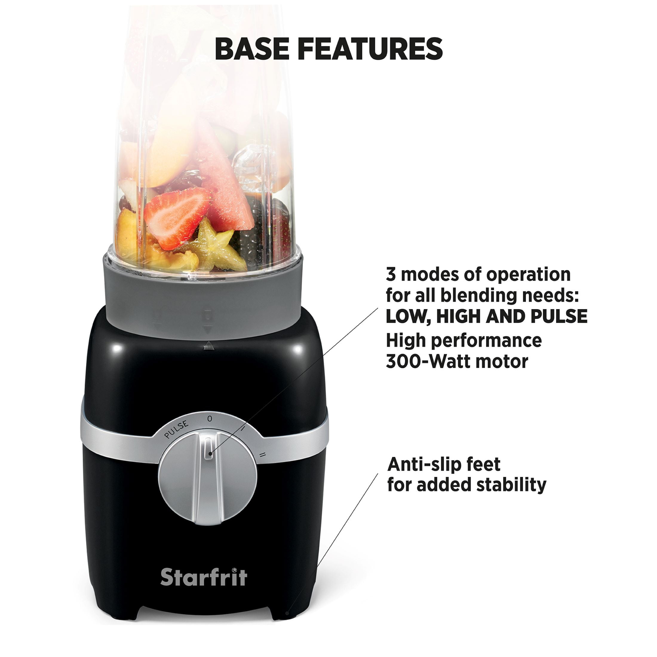Starfrit Personal Blender, Two 828ml Cups, Two Blades, High, Low & Pulse Modes, 300W, Black