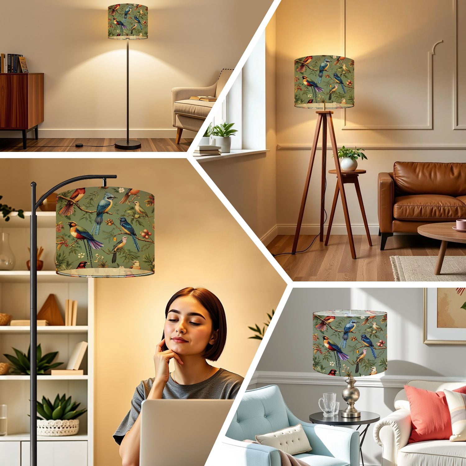Linen Drum Lampshades Oriental Bird Vintage Green Floral Birds Tropical Plants Floral 13"x13"x10" Light Shade for Table Lamps Floor Lamps Drum Lamp Shades Lampshade Replacement Assembly Required