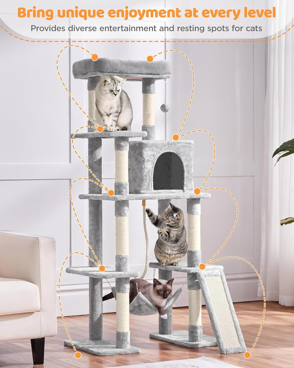 GMNIU Cat Tree Cat Tower, 63in Multi-Level Kitten Tree for Indoor Kitty, Pet Condo Furniture with Scratching Posts, Large Top Perch, Hammock, Tall Climbing Stand for Kitty Play