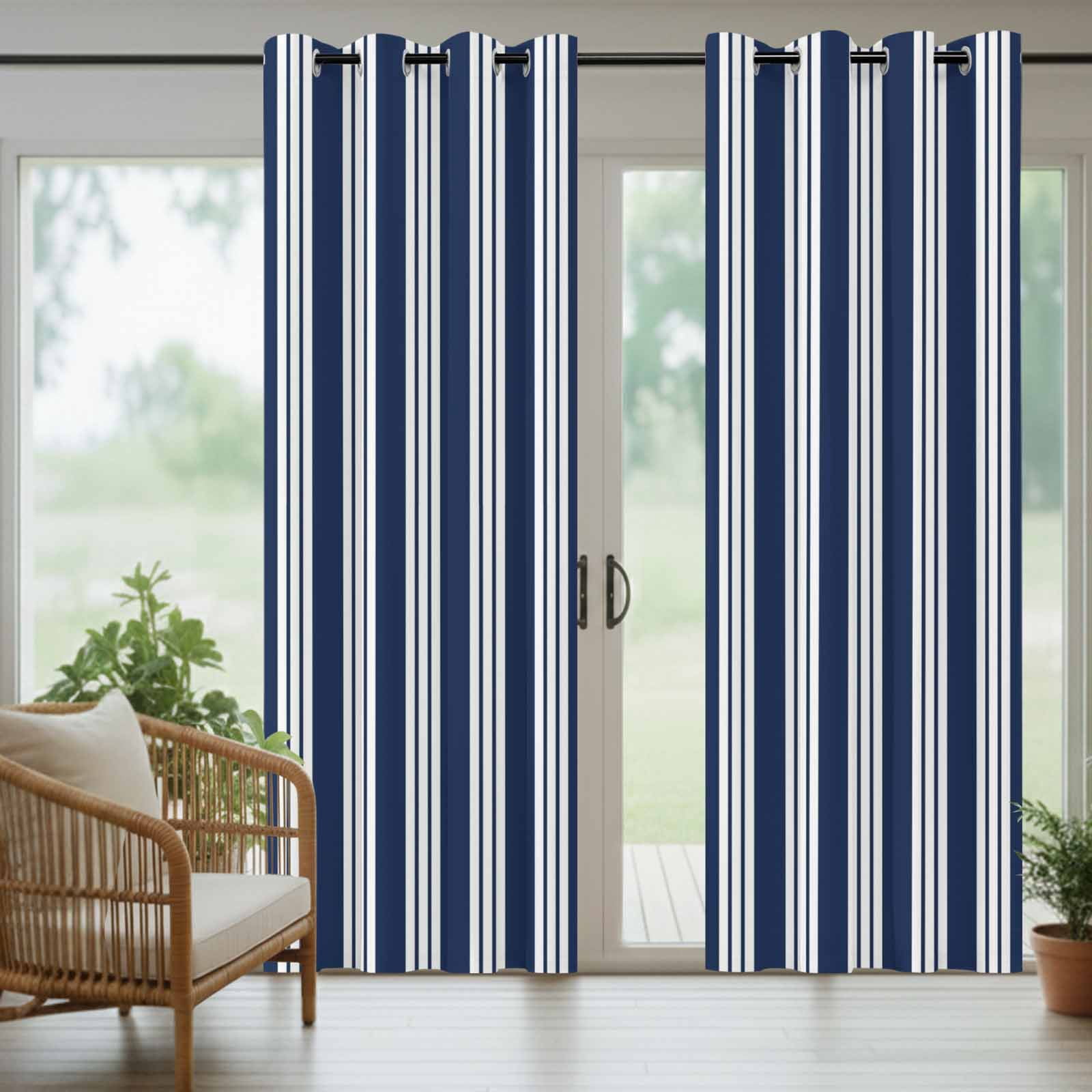Navy Blue Striped Outdoor Curtains for Patio, Modern Classic Stripes Rustic Country Farmhouse Sunshade Privacy Drapes Grommet Waterproof Outside Curtains for Porch/Cabana/Balcony 54"x 108", 1 Panel