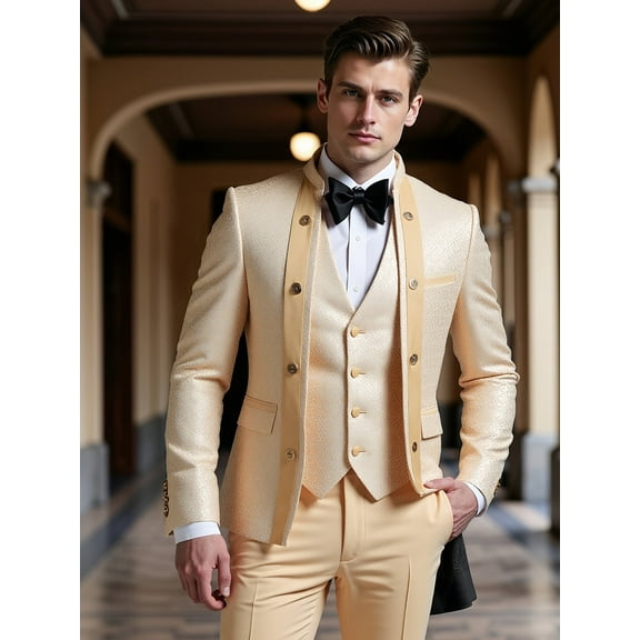 Beauty-Emily Men's 3-Piece Floral Tuxedo Suit with Stand Collar Blazer, Double-Breasted Vest & Pants – Wedding, Party, Performance, Dinner Wear