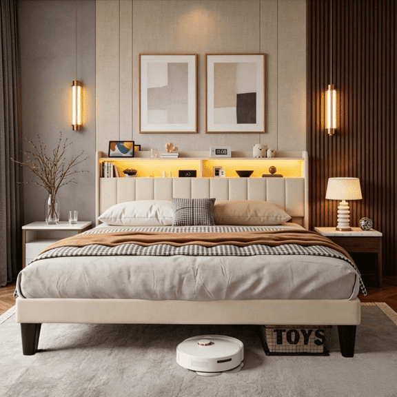 Queen Upholstered Platform Bed with Storage Headboard, Charging Station &LED Lights, Noise Free, No Box Spring Needed, Beige