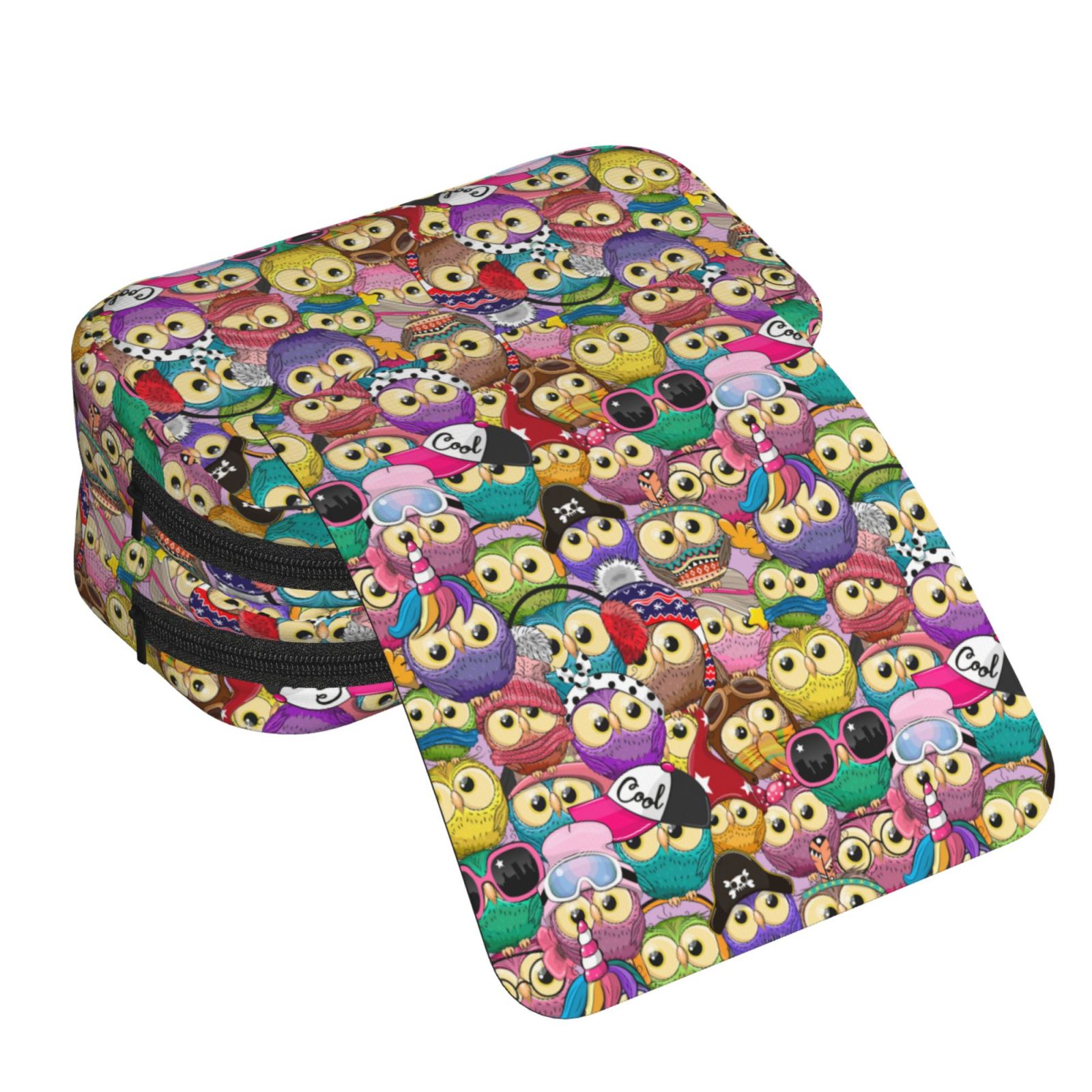 Rateoe Cute Cartoon Owls Pattern Double Clamshell Pen Case, Storage Organizer with Two Zipper Compartments– Holds Up to 50 Pencils & Pens