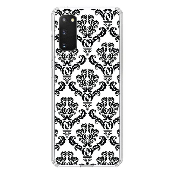 DistinctInk Clear Shockproof Hybrid Case for Galaxy S20 ULTRA / 5G (6.9" Screen) - TPU Bumper, Acrylic Back, Tempered Glass Screen Protector - White Black Damask Pattern - Floral Damask Pattern