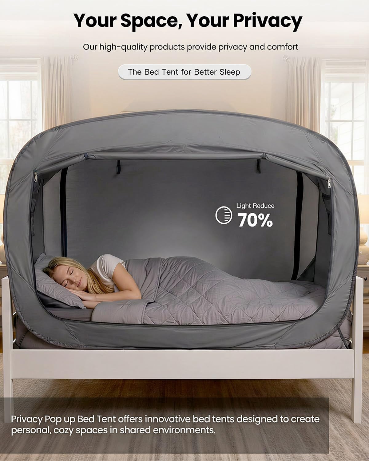 Bed Tent Full Bed Canopy Portable Dream Tent for Adult Indoor Sleeping Tents with 2 Doors Breathable Private Space Tents, Grey