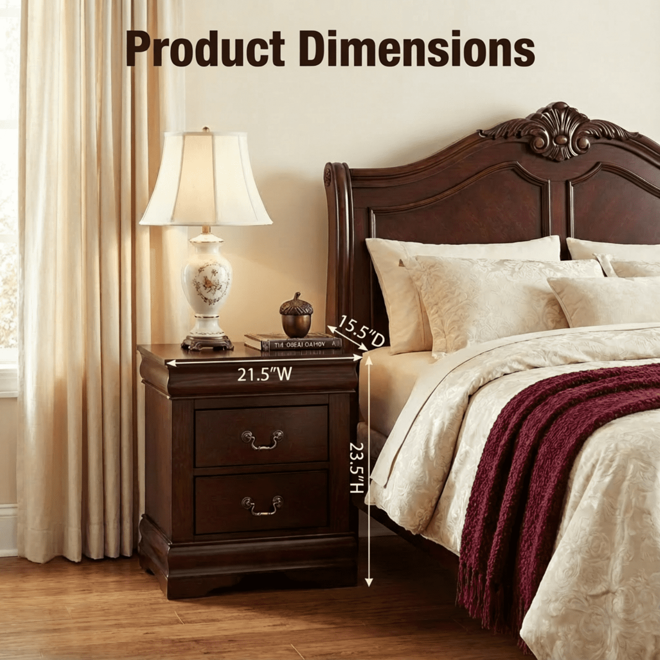 Traditional Solid Wood Nightstand with 2 Drawers in Black / Dark Cherry / White
