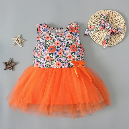 

ADXFWORU Toddler Kids Girls Bohemian Floral Prints Ball Gown Tulle Sleeveless Beach Hairband Dress Princess Clothes