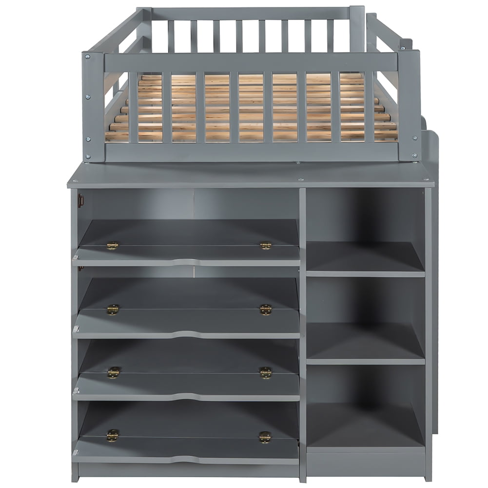 Private Jungle Twin over Twin Bunk Bed with Attached Cabinet and Shelves Storage,Gray