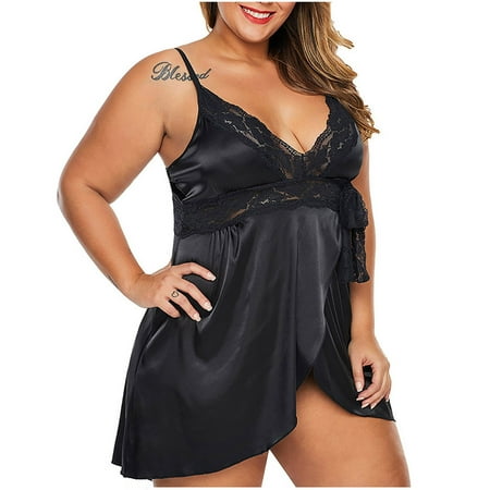 Xysaqa Women Plus Size Lace Chemise Satin Nightgown with Thong Sets Sexy Mini Slip Sleepwear V Neck Nightwear 3X 4X 5X Summer Savings Black