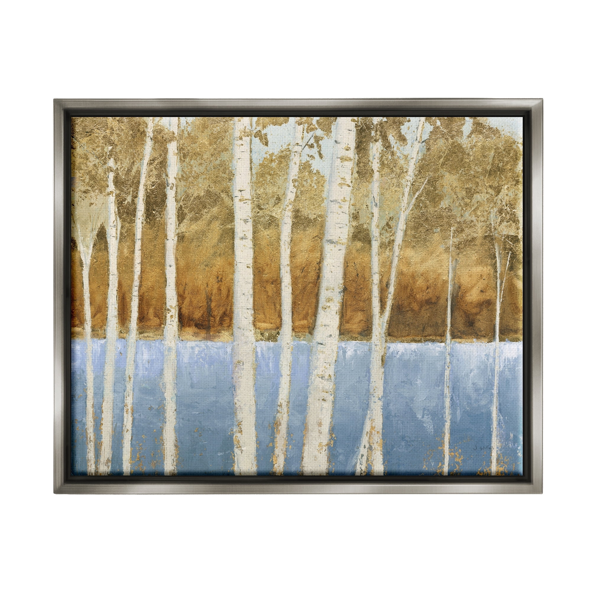 Stupell Industries Birch Tree Lake Landscape Blue Gold Nature Painting Luster Gray Framed Floating Canvas Wall Art, 24x30, by James Wiens