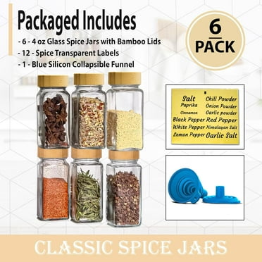 Glass Spice Jars with Bamboo Airtight Lids - (6 Pack) - 4 oz Square Spice Bottles with Shaker Lids