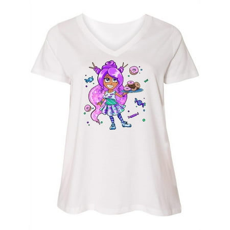 

Inktastic Girl with Purple Hair Donuts and Candy Women s Plus Size V-Neck