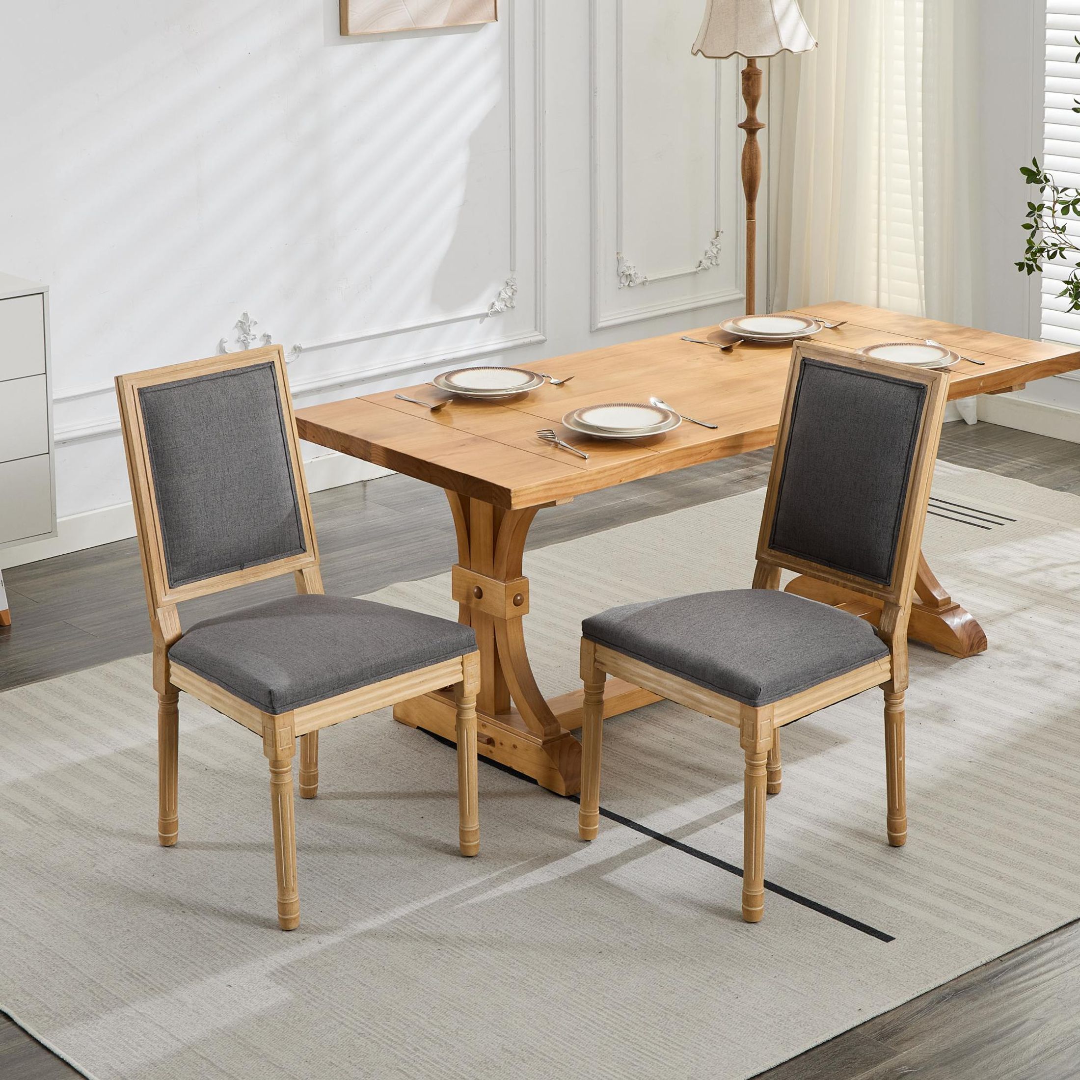GDF Studio French Dining Chairs Set of 2 with Upholstered Backrest, Solid Rubberwood Frame, Gray