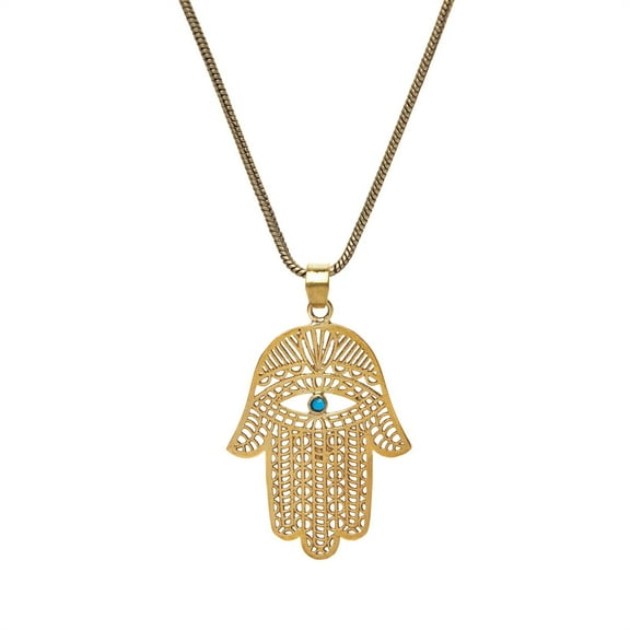 81stgeneration Women's Brass Simulated Turquoise Filigree Hamsa Fatima Hand Pendant Necklace, 46 cm