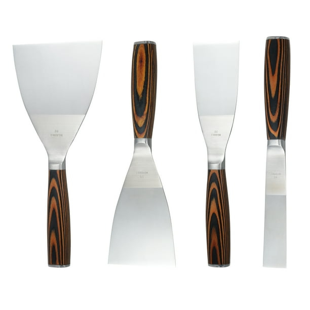PENGGONG Juego de 4 cuchillos de masilla de acero inoxidable (1/2/3/4 pulgadas), herramienta de raspador de pintura con mango de madera, cuchillo de cinta para paneles de yeso, raspado de yeso para es