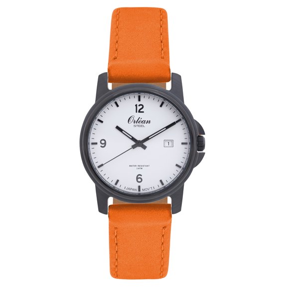 Orlean Mens Easy to Read Watch with Date - 316L Stainless Steel Case with Leather Watch Band - 38mm Analog Men's Wrist Watches - White Dial - Black / Orange Band