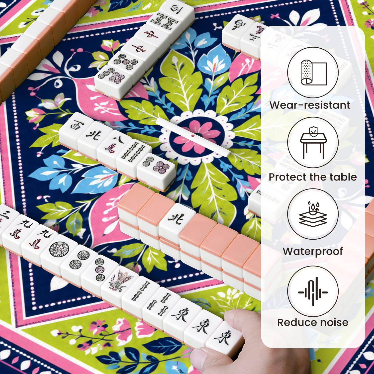 Mahjong Mat 31.5" x 31.5" Floral Pink Blue Green Leaves Flowers Navy Non-Slip Noise Reduction Mahjong Tiles Table Cover for Dominoes Poker Card Board and Tile Games