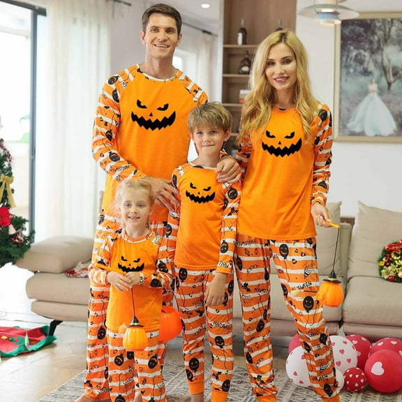 Odeerbi Matching Family Halloween Pajamas Sets Halloween Printed Family Outfits Sets 2024 Casual Long Sleeve Top with Bottom Home Wear Loungewear Sleepwear Jammies for Mom